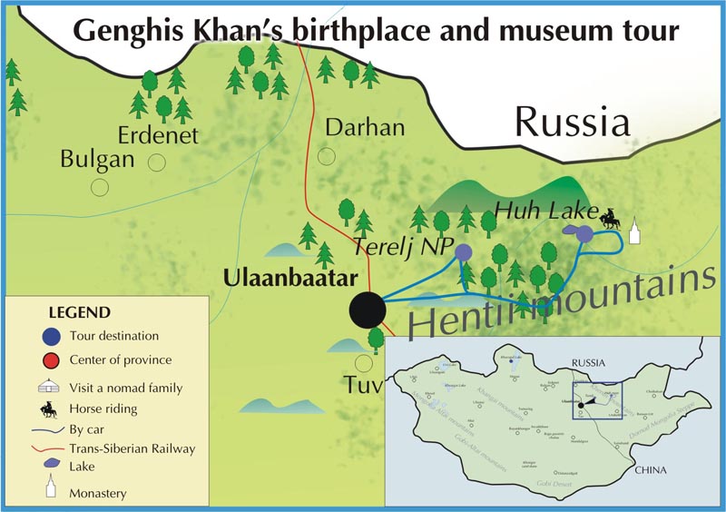 Genghis khans birthplace and museum tour map